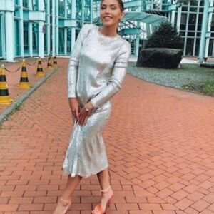 Zara silver sequin long sleeve midi dress size medium